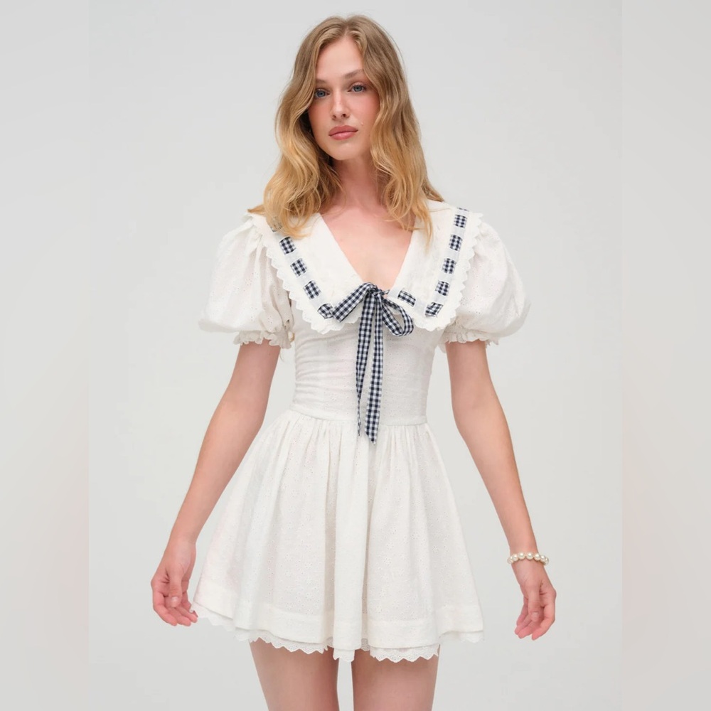 For Love & Lemons White Mini Dress with Navy Gingham Bow